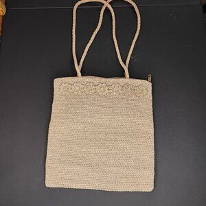 Chic Beige Floral Accent Small Handbag – 10"x10" – Gently Used